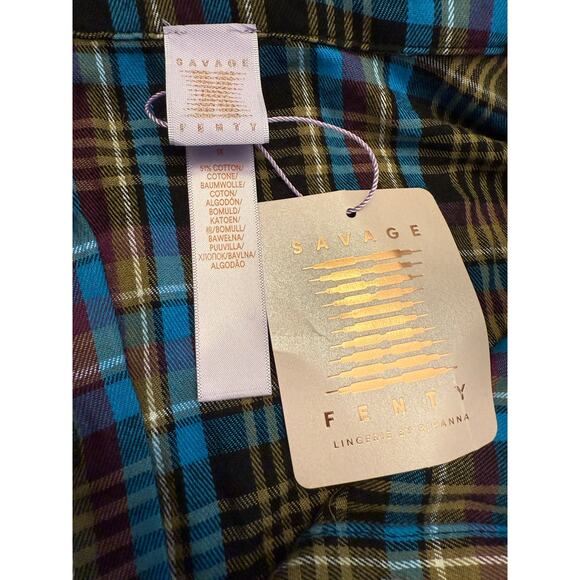 Savage X Fenty Tied Up Tartan Cropped Raw Hem Open Back Pajama Set 1X Plaid NWT - Picture 4 of 10